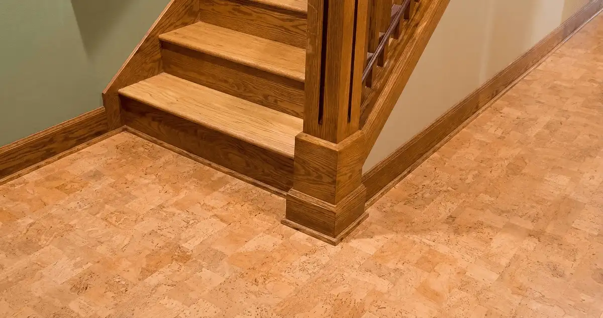 End of a staircase with cork flooring in Orange, CA