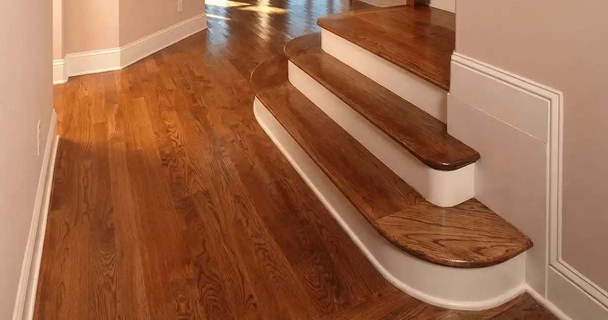 Base floor of a staircase with professionally restored wood flooring in Orange CA