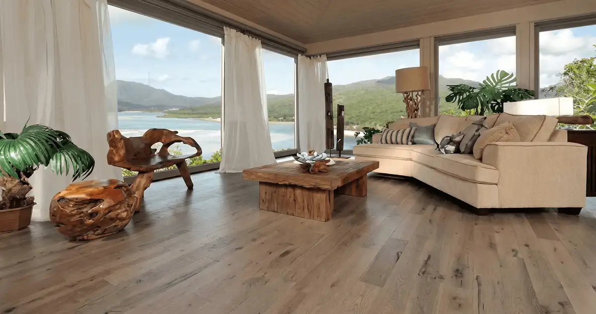 Professionally installed vinyl flooring in a modern living room with large windows in Orange, CA